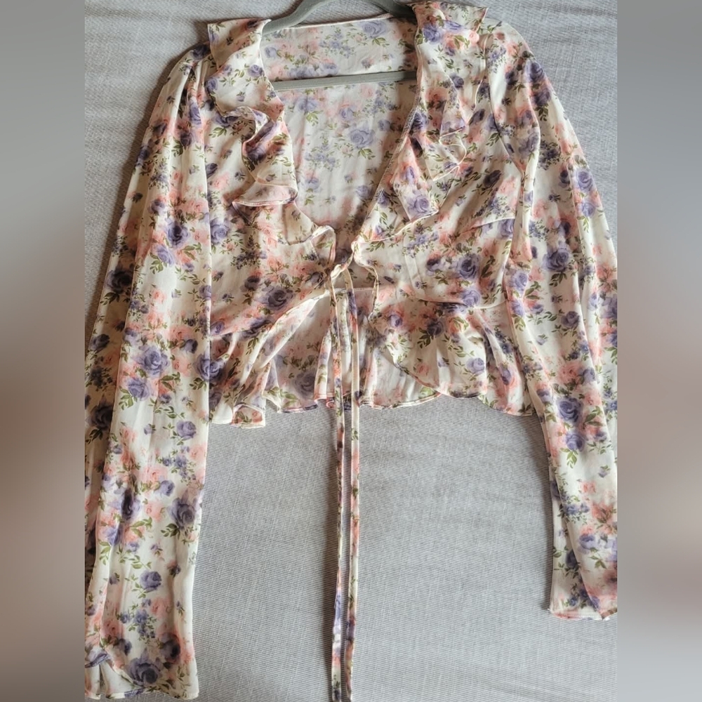 Floral Ruffle Tie-Front Blouse